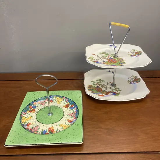 Vintage Solian Ware Soho Pottery Gaudy Willow 2 Tier China Cake Stand & "The Biarritz" Royal Staffordshire Cake Plate